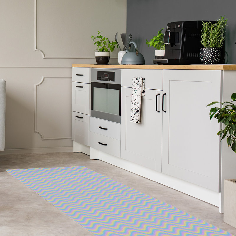 Tapis en poudre bleu/jaune rayures ondulées, Tapis de couloir 2 pi 6 po x 8 pi