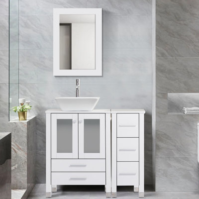36 Single Bathroom Vanity with Wood Top, Vessel Sink, Zinc Alloy Faucet, Solid Wood Legs