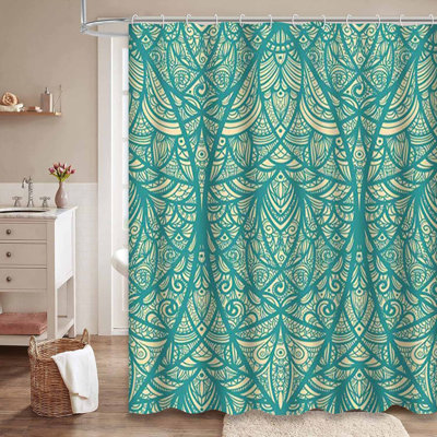 Seamless Ornate White Black Floral Blue Shower Curtain with 12 Hooks