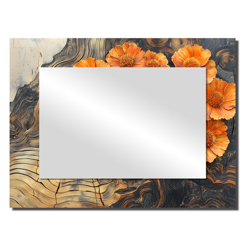 Fleurs de souci d'automne sur glissade sur bois I - Art mural miroir floral - imprimé sur métal, 24 po x 32 po