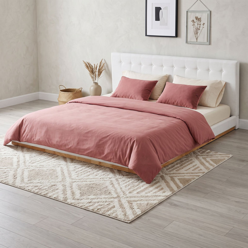 Wood Platform Bed with Upholstered Headboard