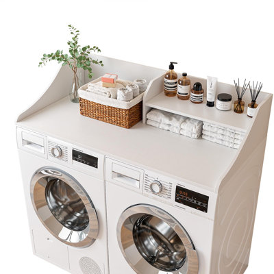 2 Tiers Washer Dryer Countertop, 54" Width X 27.5" Depth Laundry Countertop Organization, Wooden Washer And Dryer Topper For Folding, Sorting & Ironing, Easy To Install, White