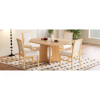 Solid Wood Round Dining Table Set for 4, Extendable Kitchen Table Set with 4 Upholstered Dining Chairs and 16inch Removable Leaf for Dining Room, Livi