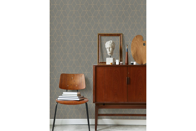gray and gold geometric wallpaper in modern room