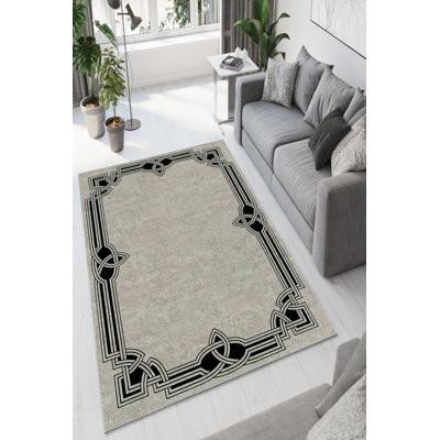 Eco-Friendly Area Rug, 100% Polyester, 31.5 x 47.2 Inches | Antibacterial, Non-Slip PVC Dot Underside, Machine Washable, Digital Printed Beige & Black Design | Perfect for Living Room, Bedroom & Dining Areas