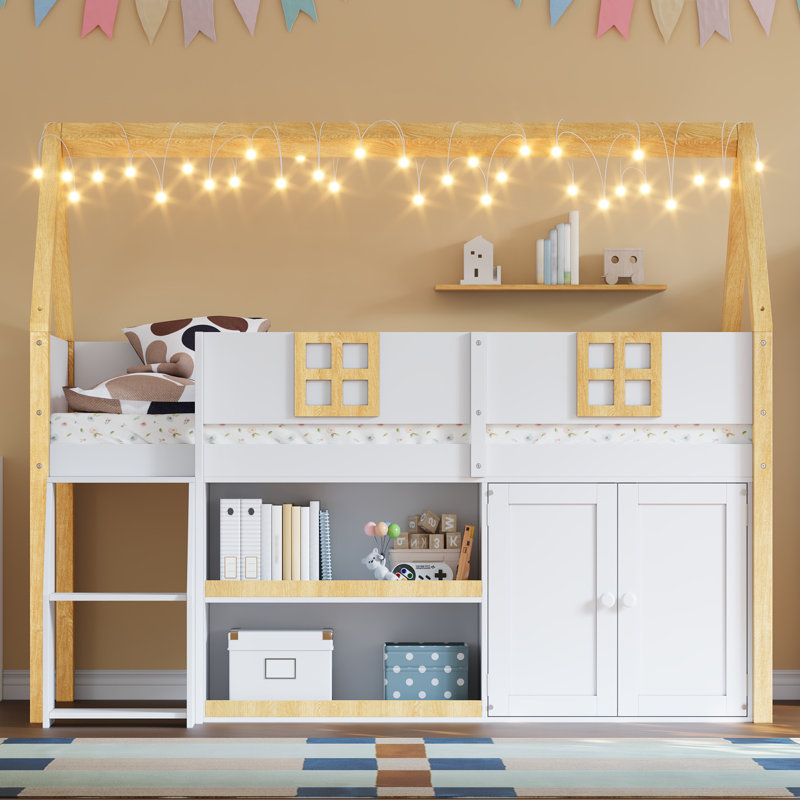 Twin Size Low Loft Bed with Step Staircase, Storage Shelves, Cabinets & LED Lights, White/Natural, Twin