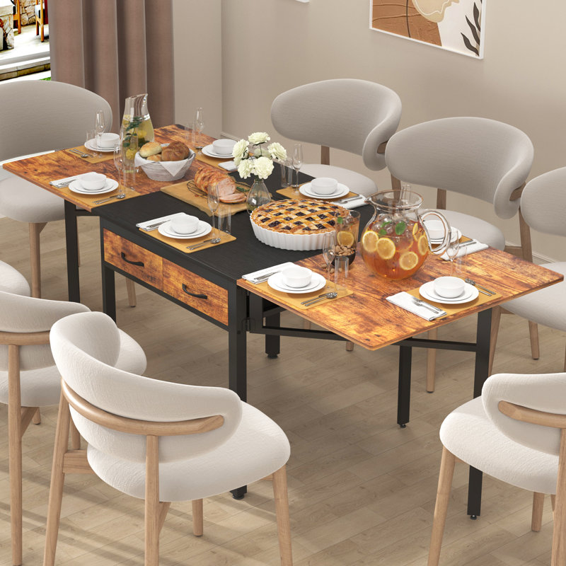 78.74" W Drop Leaf Dining Table For 2-8 People, Extendable Kitchen Dining Table With 4 Fabric Drawers