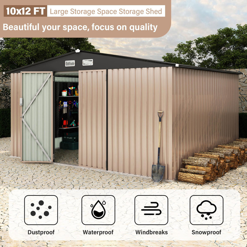 12FT x 10FT Metal Storage Shed, Outdoor Storage Shed with Lockable Doors, Utility and Tool Shed with Slooping Roof for Garden, Backyard, Patio, Lawn