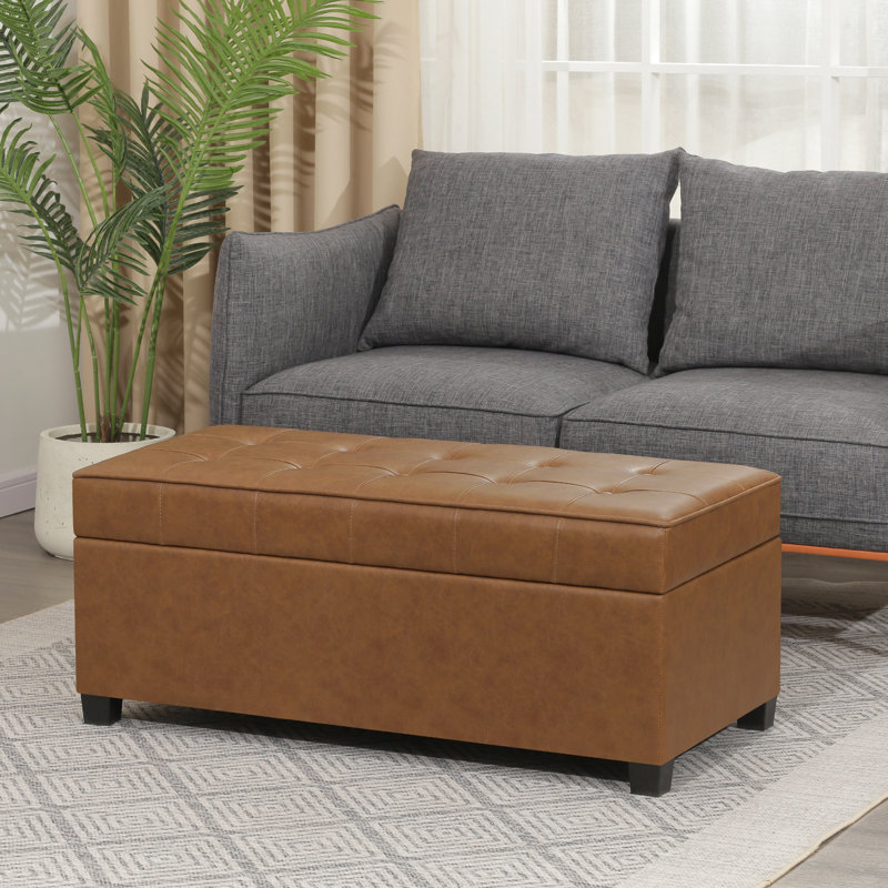 40" Faux Leather Storage Ottoman Bench With Tufted Button, Brown
