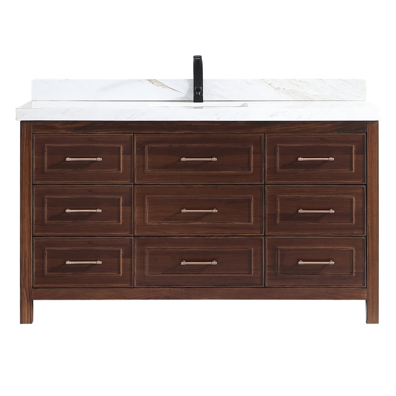 60" EBONY SINGLE SINK VANITY DARK FINISH WITH WK-60S TOP 2" THICK WHITE NATURAL TOP, Brown, White