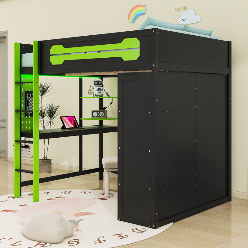 Full Wood Loft Bed With Desk, Open Wardrobe, LED Light And Power Outlets, Green