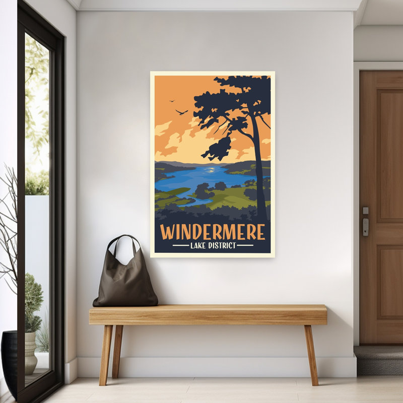 Coucher de soleil abstrait contemporain dans le district des lacs de Windermere, paysage d'oiseaux et d'arbres - Impression d'