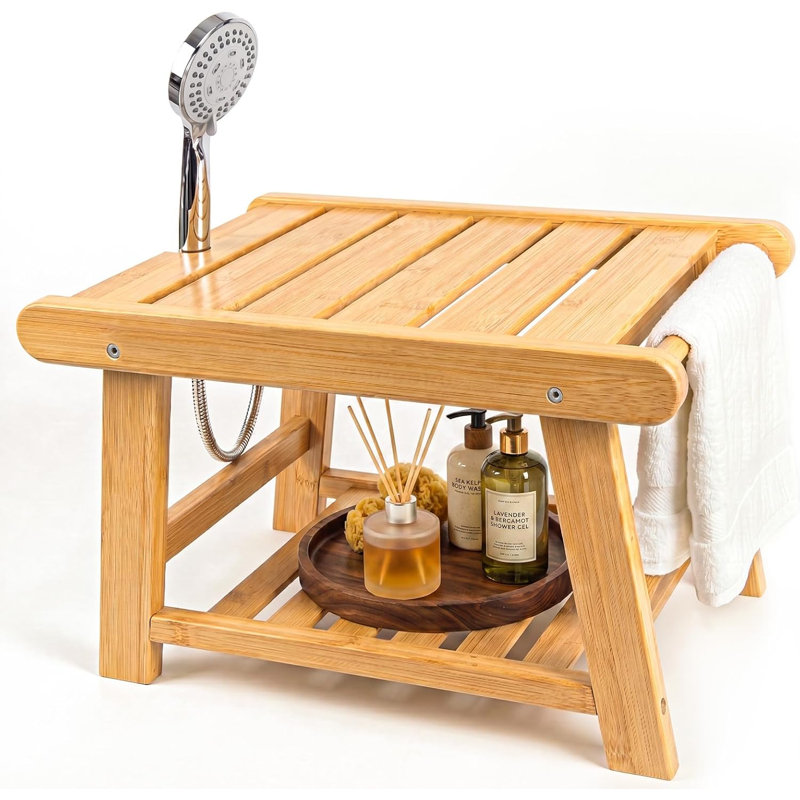 Tabouret de douche en bambou pour siège de douche intérieur | Tabouret de douche imperméable pour se raser les jambes, avec tablette de rangement intégrée