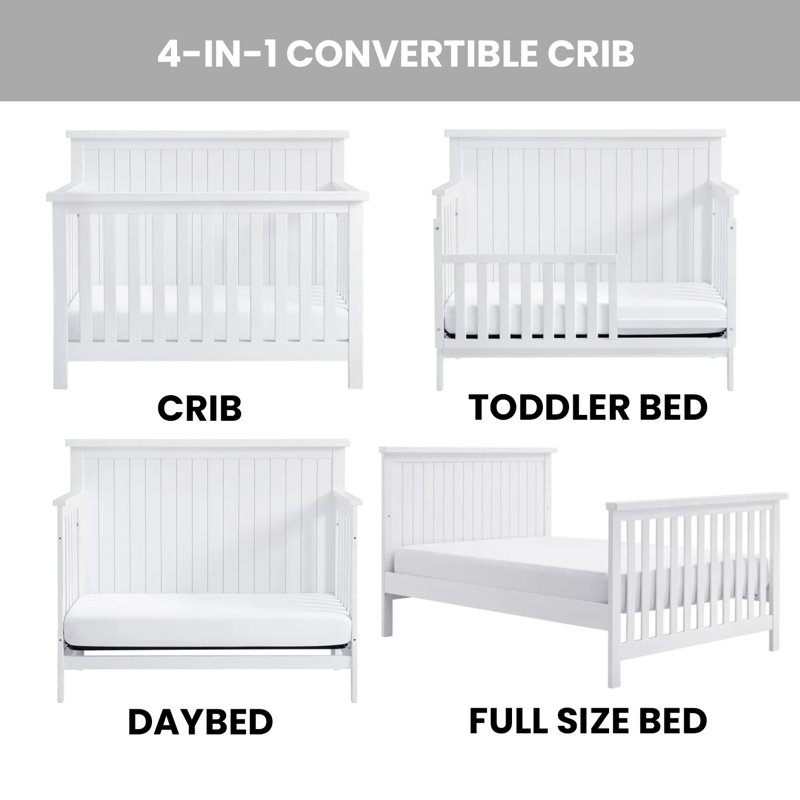 Whitewash Solid Wood 4-in-1 Convertible Crib