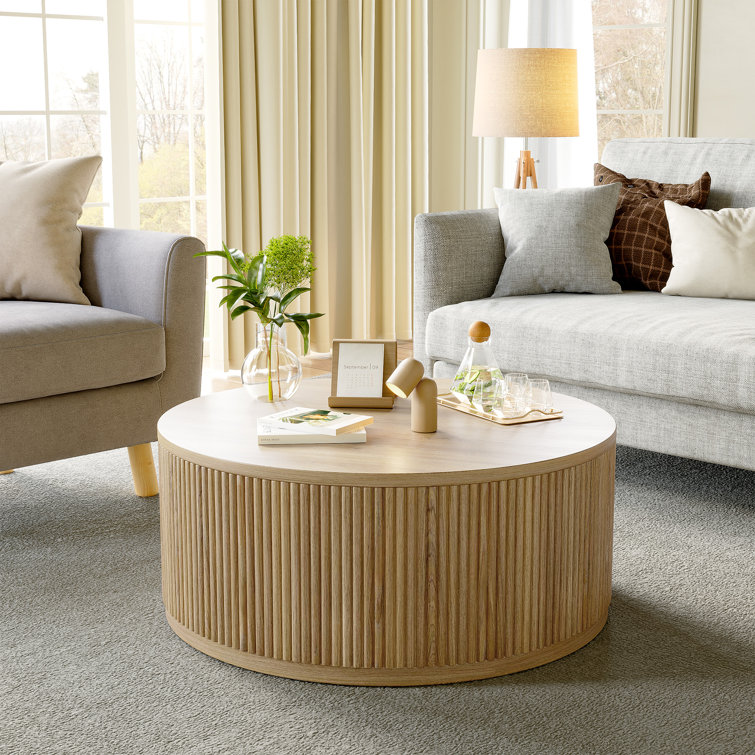 36" Round Solid Wood Drum Table Pedestal Accent Table With Ribbed Detailing