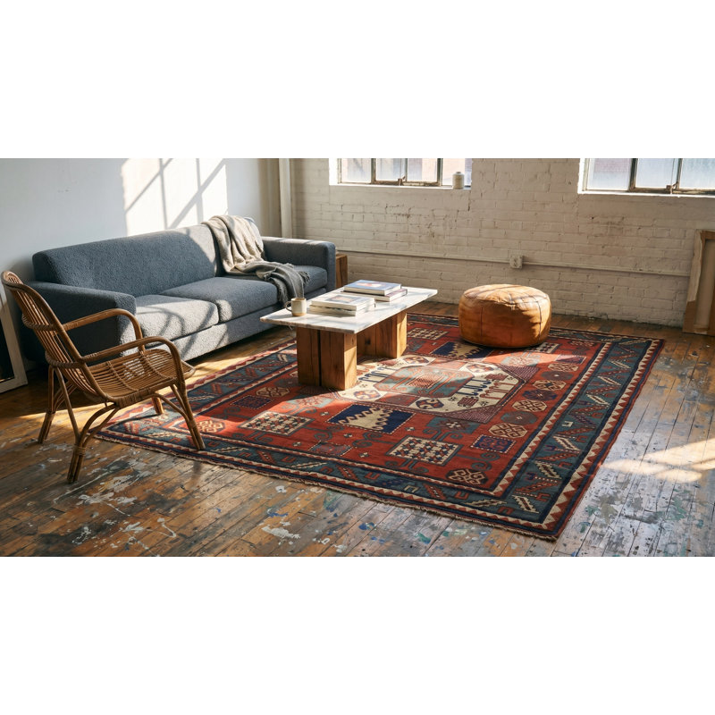Sensational Red and Blue Color with Geometric Design Antique Caucasian Rug