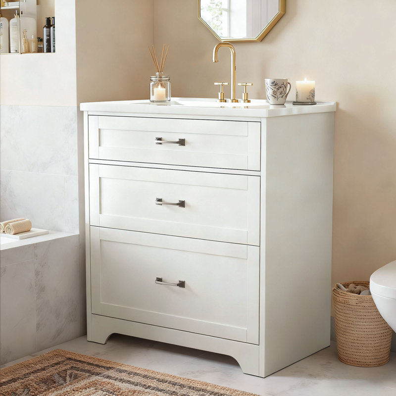 30" Bathroom Vanity with Ceramic Sink, Modern Vanity with Storage Cabinet, Tilt-Out Drawer, Easy Assembly, White, White