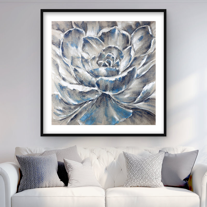 Fleur grise et bleue - reproduction florale encadrée pour la décoration intérieure, Noir