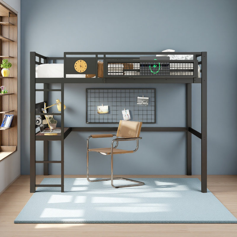 Grand cadre de lit mezzanine avec bureau, panier de rangement, lit mezzanine en métal avec horloge et port de charge