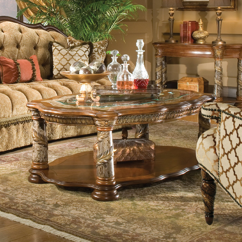 Classic Chestnut Rectangular Wood and Glass Cocktail Table with Marble Legs