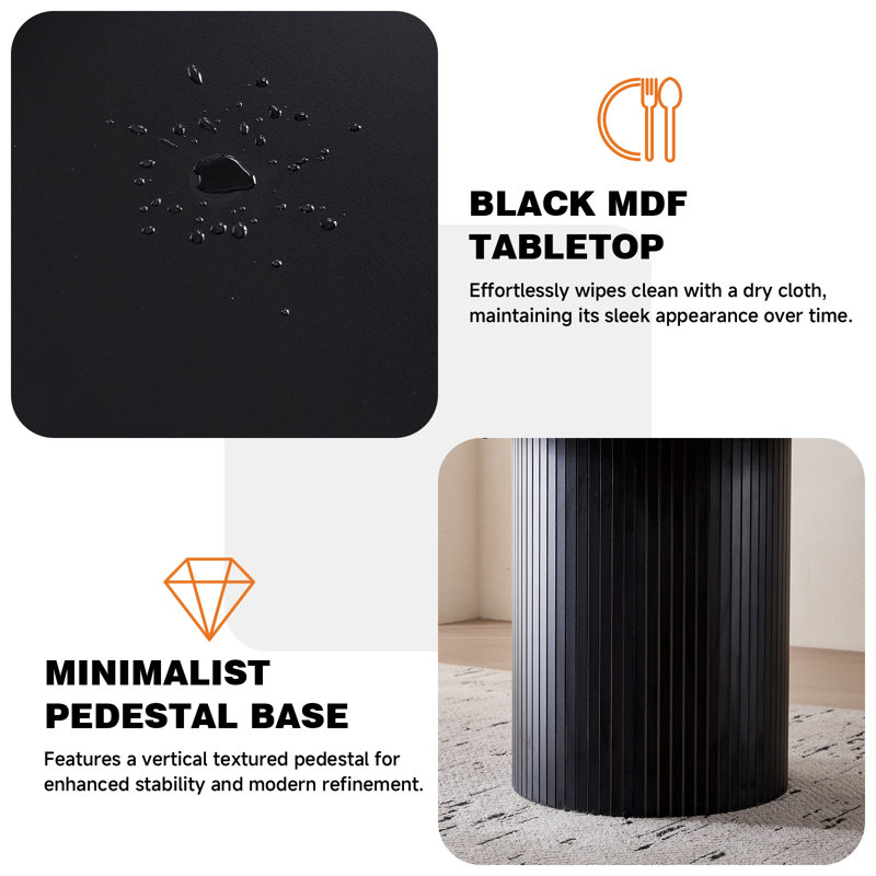 47” Round Dining Table for 4, Wood Farmhouse Kitchen Table Pedestal For Living Room, Dinner, Chamfered Edge, Black, Black