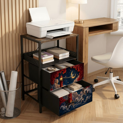 Table de chevet 2 tiroirs avec station de charge, table de chevet de chambre à coucher avec ports USB, tablette ouverte noire, table de chevet avec phare rouge sous le croissant de lune