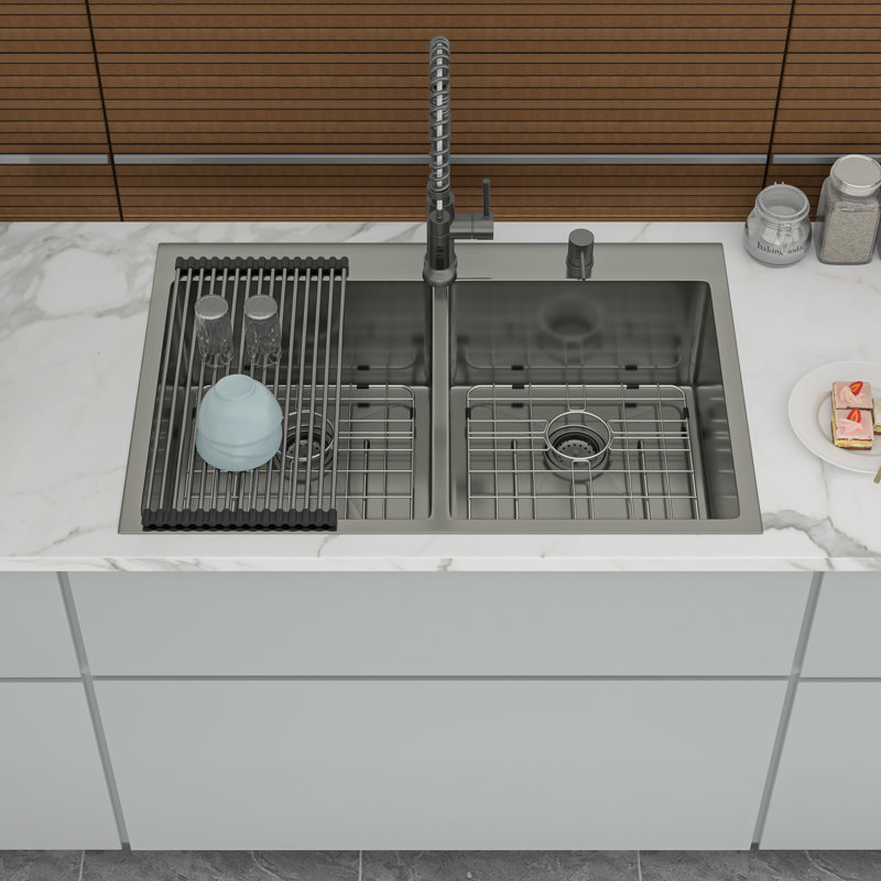33"X22" Gunmetal Black 16 Gauge Double Bowl Drop In Sink With Two 10" Deep Basins, 50/50 Layout For Efficient Kitchen Cleaning, Hand - Made Rear Drain And X Grooves, 3Mm Soundproofing Pads,