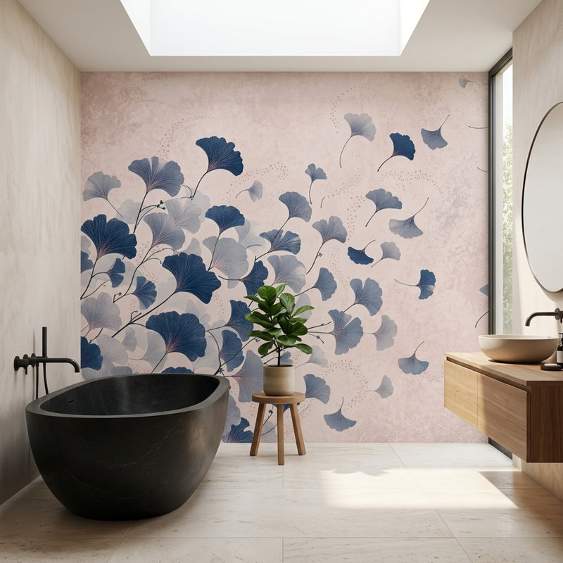 Fresque murale feuille de ginkgo bleu marine, art botanique, mur décoratif rose poudré, 180"x120", Non-Woven Nonpasted