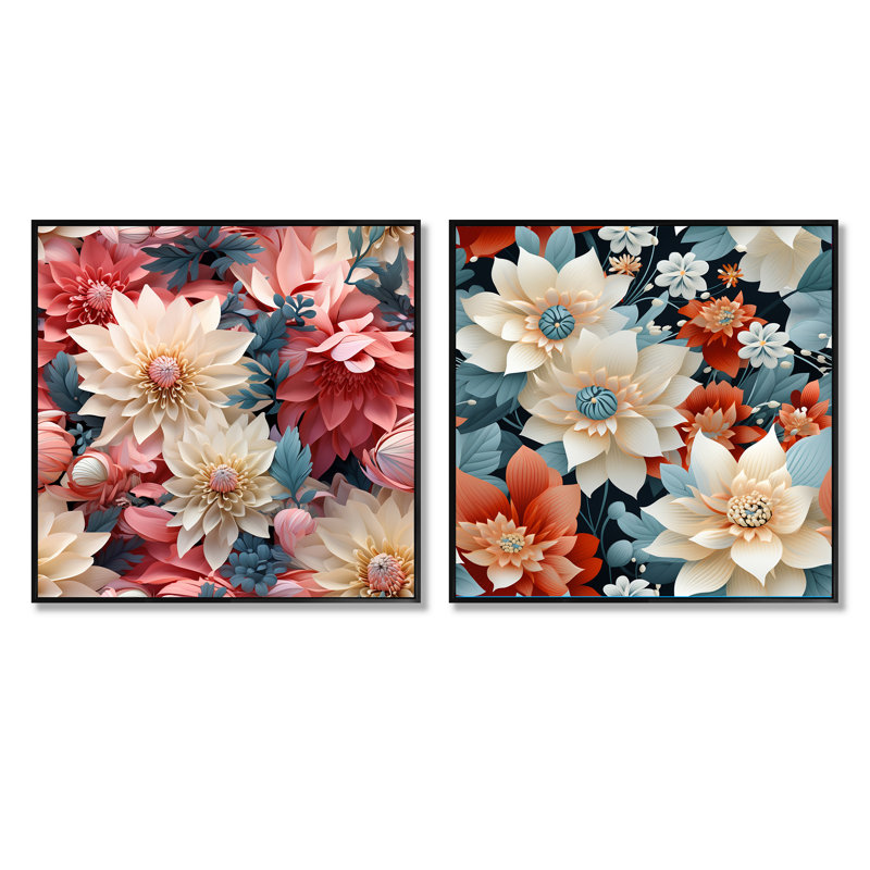 French Romance - motif floral III - ensemble de 2 collages floraux carrés, Cadre flottant noir, H 16 po x l 33 po