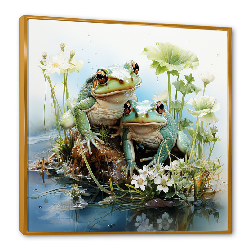 «Cute Frog Portrait At The Pond II», reproduction sur toile, Cadre flottant doré, H 16 po x l 16 po x P 1 po