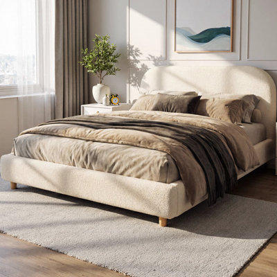 Grand lit plateforme tapissier grand avec tissu bouclé, tête de lit épaisse de forme incurvée, pieds en bois massif et structure en métal, aucun sommier tapissier nécessaire pour la chambre à coucher