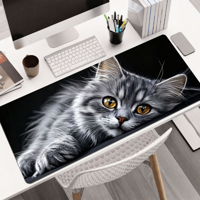  Tapis de souris en caoutchouc, surface en microfibre lisse, base antidérapante, tapis de souris décoratif à bord arrondi pour le bureau et les jeux, 17 po x 47 po, yeux de chat gris ambre