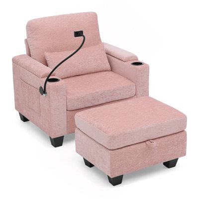 Single Sofa Recliner With Manually Adjustable Backrest, USB Charging Port On The Armrest Side, Phone Stand Included, Hidden Armrest Storage, And A Matching Storage Ottoman-Pink