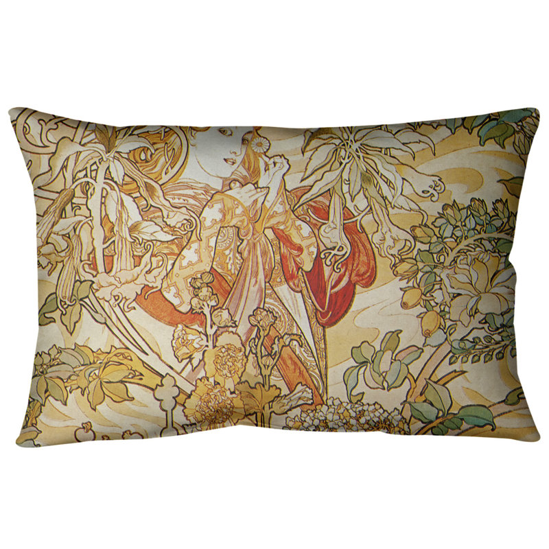 Alphonse mucha femme avec un coussin en cascade, 20 po x 14 po, Bourre en polyester, Sergé de coton