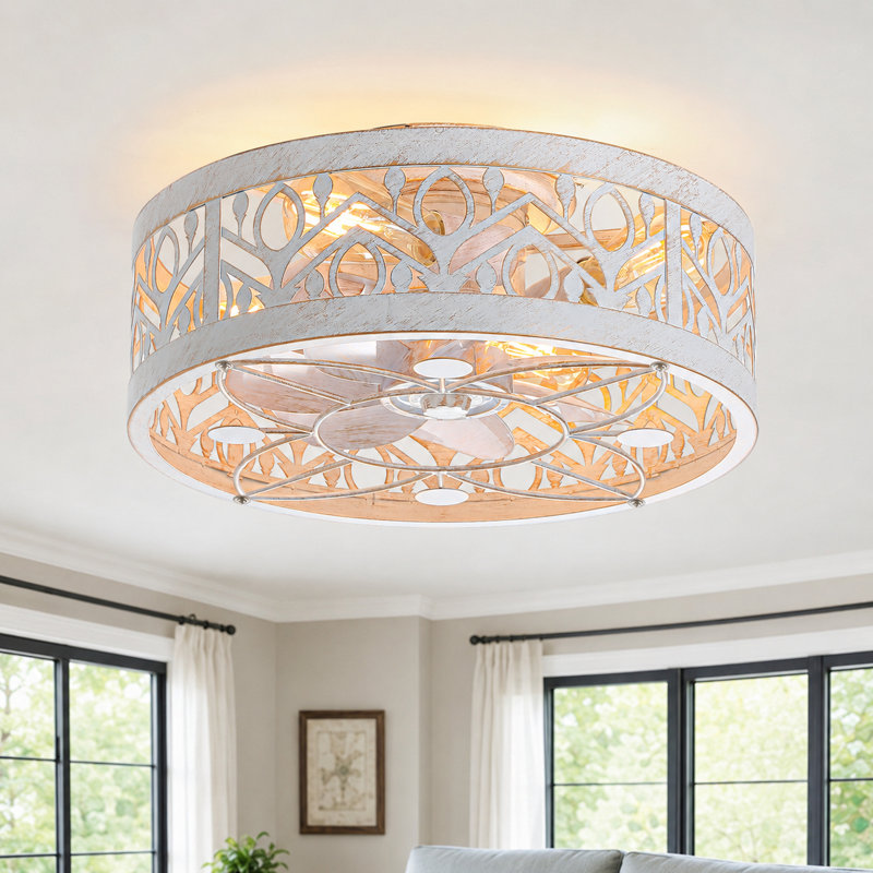 Cretien 17" 7-Blade Indoor Enclosed Caged Flush Mount Ceiling Fan with the Remote Control, Distressed Gold/White, 17, White