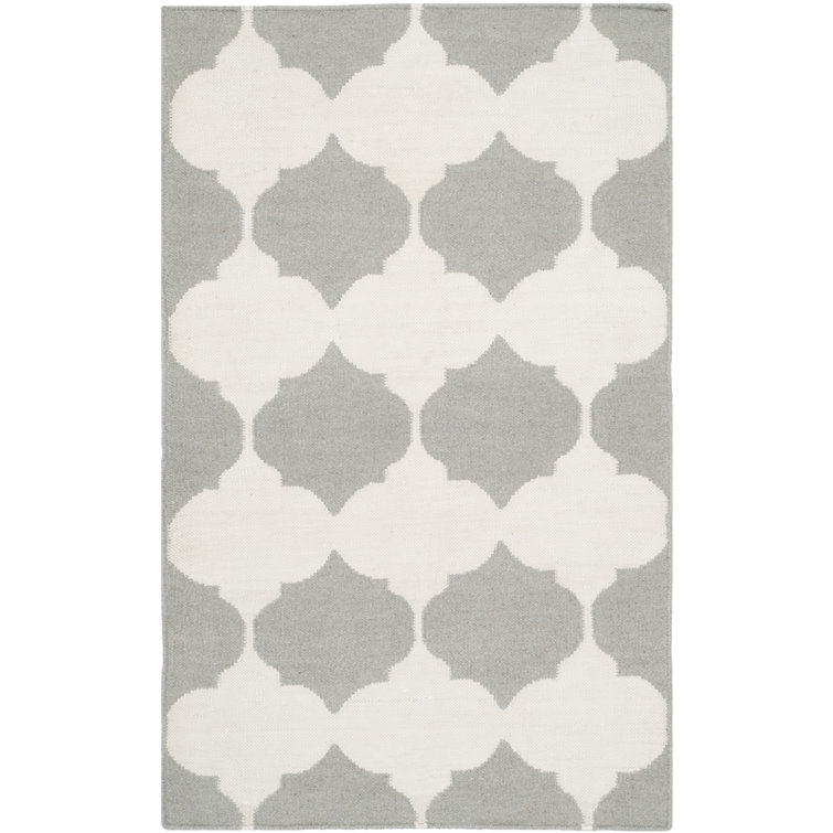 Dhurries Hand Woven Flat Weave Banana Silk/Wool/Cotton Geometric Rug in Grey/Ivory
