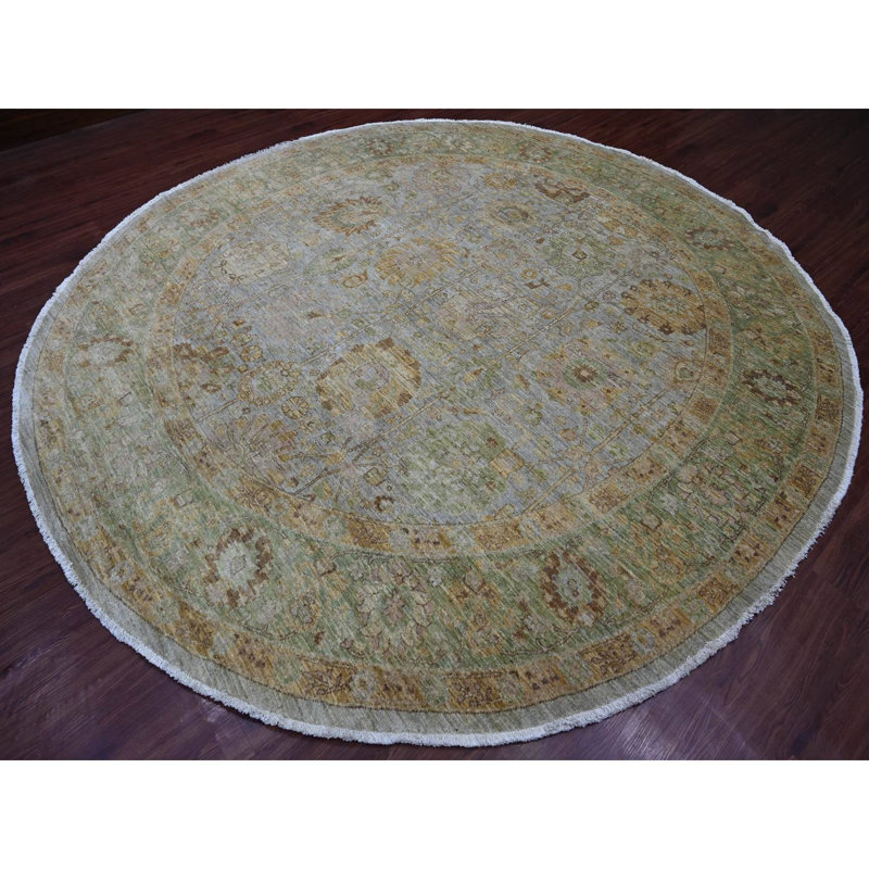 Tapis oriental 10 pi x 10 pi gris clair, Peshawar avec motif Ziegler Mahal, laine de haute montagne, tissage dense, noué à la main, rond