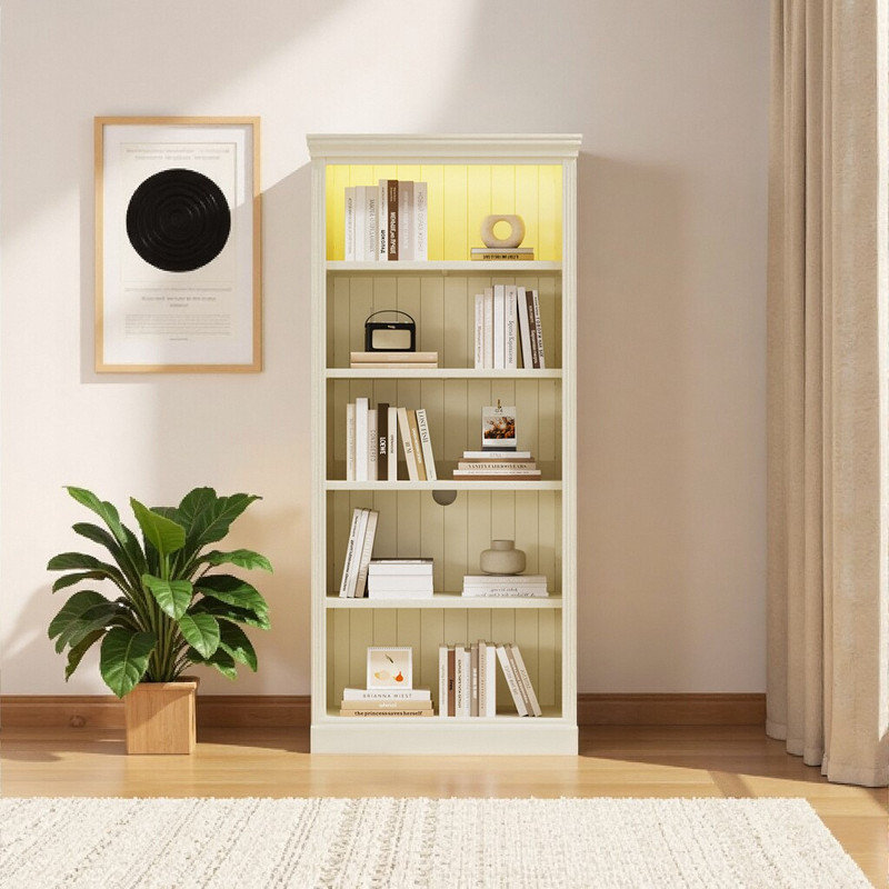 Bibliothèque à 5 niveaux PVolume avec tablettes réglables, capacité 55LB, éclairage intégré, Beige