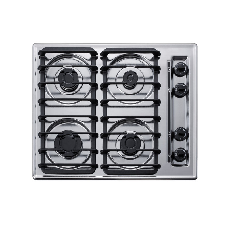 24" Chrome Gas Cooktop with 4 Sealed Burners and Cast Iron Grates