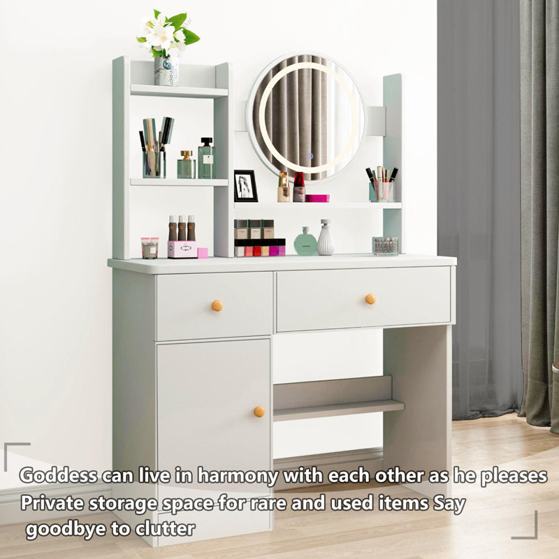 Dressing table with LED lighting mirror, adjustable brightness, dressing table with chair