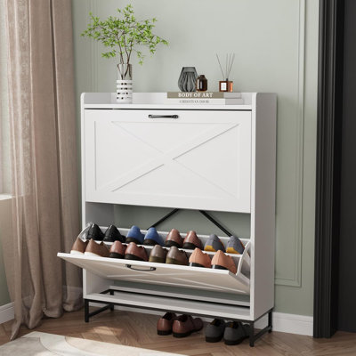 16 Pair Shoe Storage with 2 Smooth Flip Draws and Adjustable shelves，Farmhouse multi-Functional Shoe Cabinet  for Entryway, Narrow Space