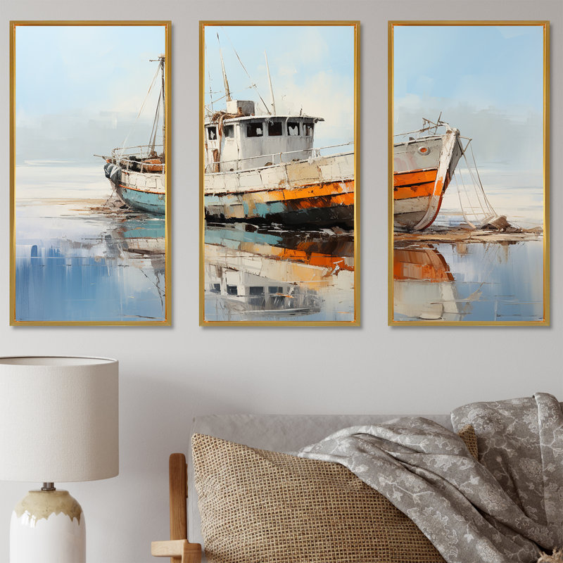 Bateau de pêche au port III - ensemble d'art sur toile de bateau côtier, Cadre flottant doré, H 28 po x l 36 po x P 1 po