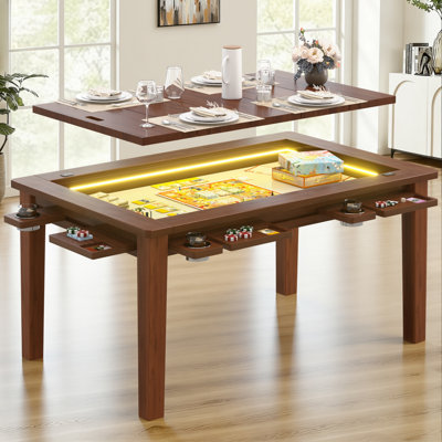 Solid Wood Board Game Table With Led Light For 4-6, D&d/puzle Table W/ Game Mat, 6*cup Holders & Hobby Trays, Dining Table W/ Removable Top