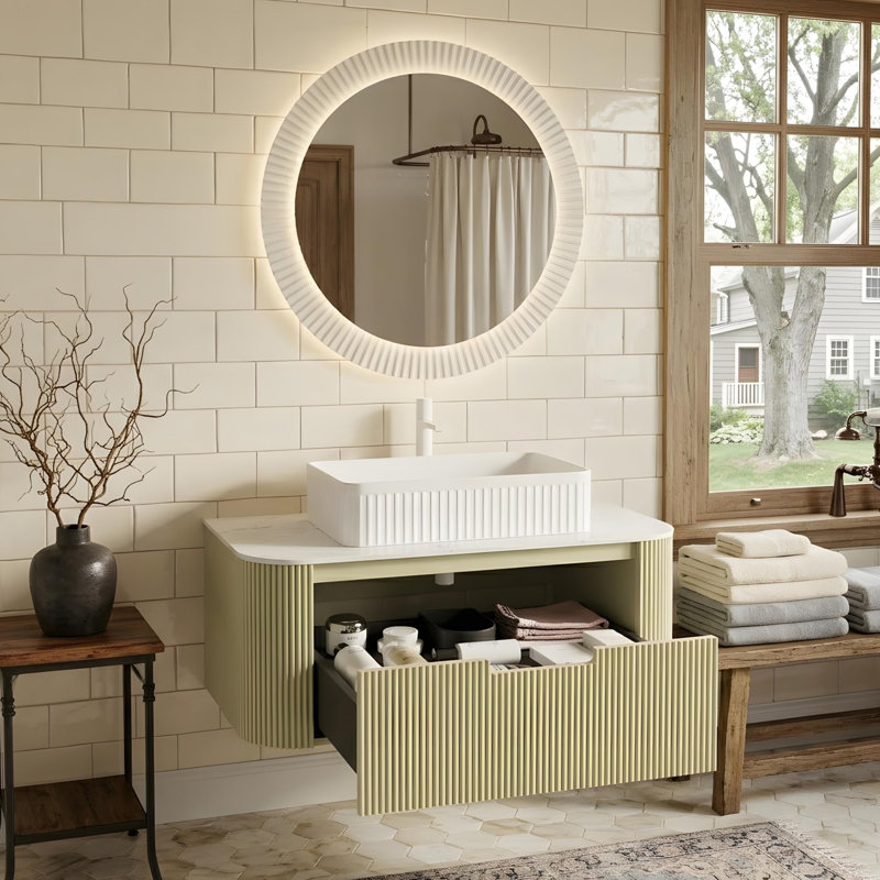 Armoire de salle de bain rayée avec tiroirs et lavabo rectangulaire en céramique blanche, 36"