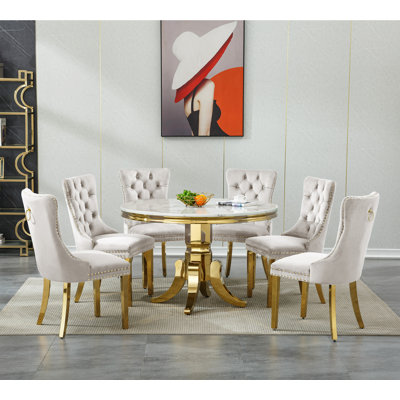 44.88" Round Dining Table Set for , Kitchen Table with Faux Marble Top, Dining Room Table & Velvet Chairs with Stainless Steel Pedestal, Piece Dining Table Set