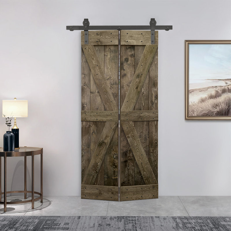 Porte de grange pliante en bois de pin avec quincaillerie coulissante, Espresso, 38 po x 84 po