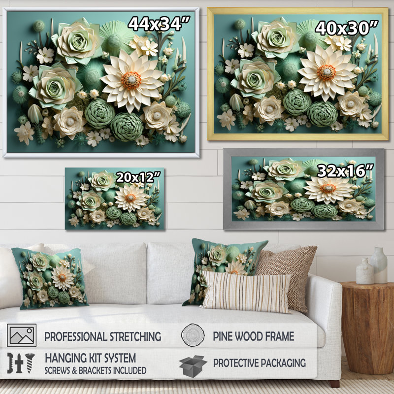 Cactus Mint Mirage I - Cactus, art mural sur toile, H 30 po x l 40 po x P 1,5 po, Cadre flottant blanc