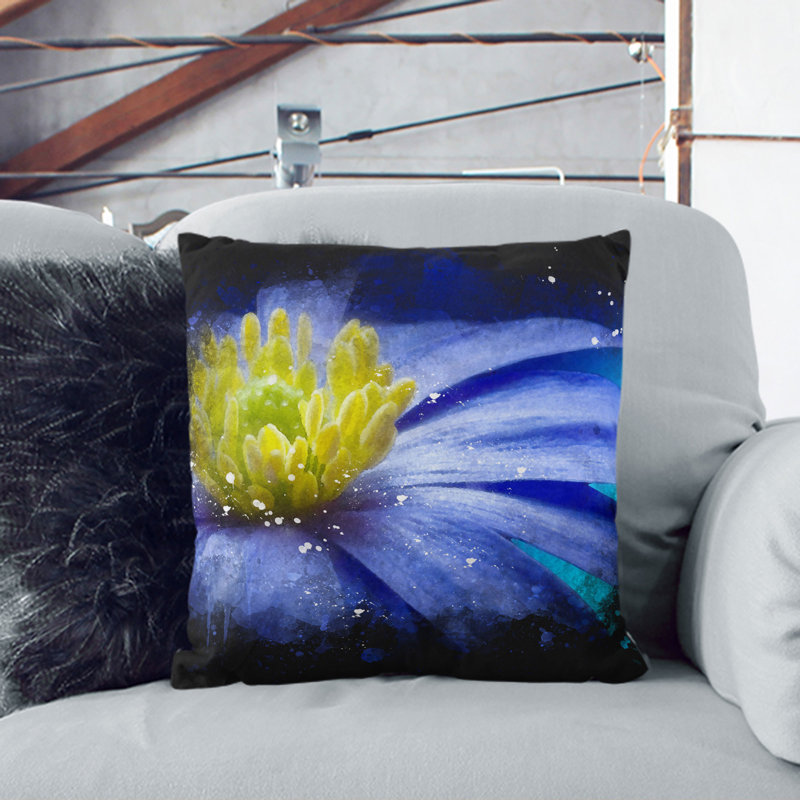 Blue Flower Paint Splash Floral Square Throw Cushion, 55cm H x 55cm W x 20cm D