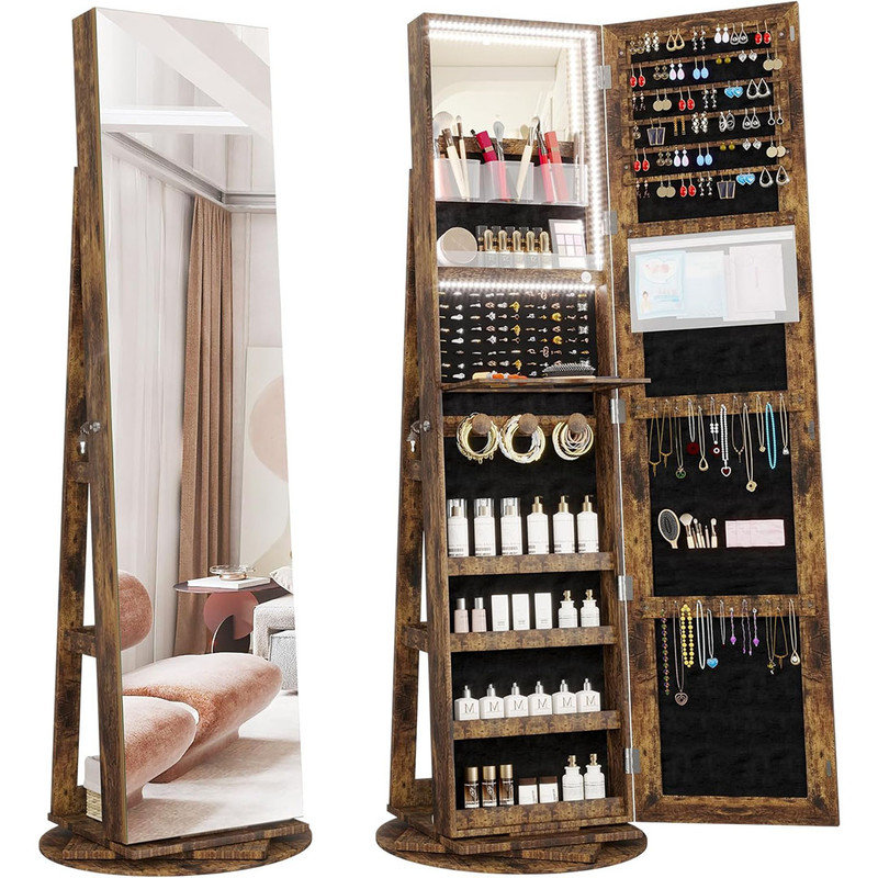 LED Light Jewellery Cabinet with Full Length Mirror 360° Swivel, Lockable Free Standing Mirror with Jewellery Storage, Inside Makeup Mirror, Rustic Brown