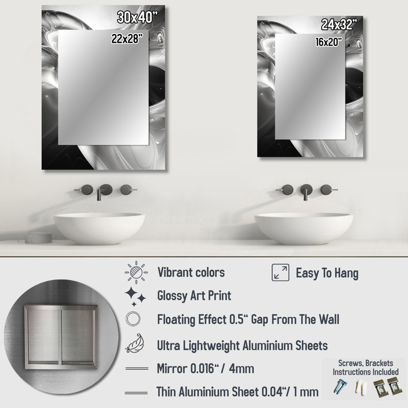 Grey black abstract Steel Serenade III - Abstract Decorative Wall Mirror, Gray Mirror, Printed Metal Art, 40" x 30"
